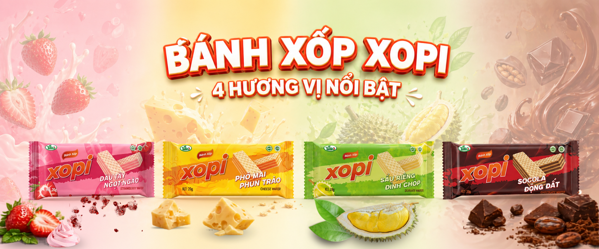 Bánh xốp XOPI 2026 - 4 vị Socola, Phô Mai, Sầu Riêng,Sữa chua Dâu - TILICO Foods